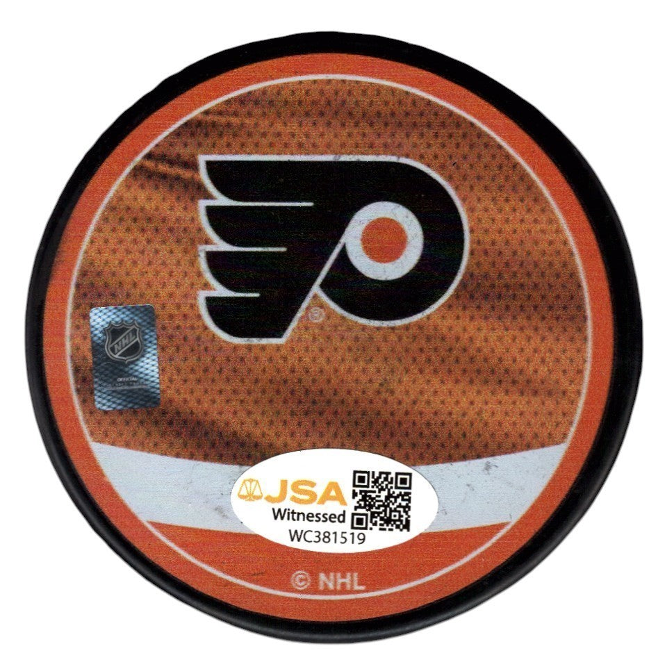 Eric Lindros Signed Autographed Flyers Reverse Retro Puck JSA Witness COA1