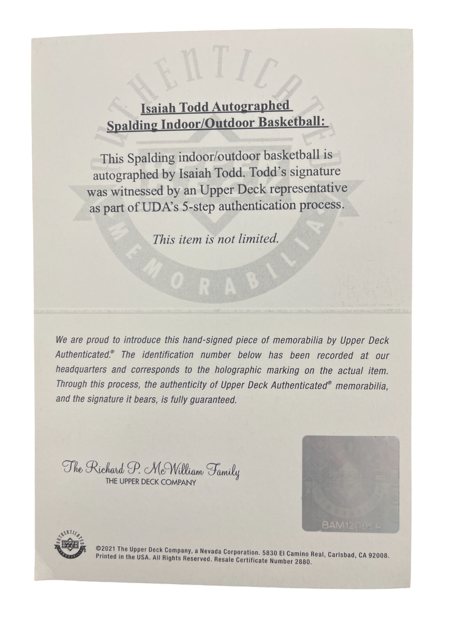 Isaiah Todd Signed Spalding NBA Basketball Upper Deck UDA COA Washington Wizards4