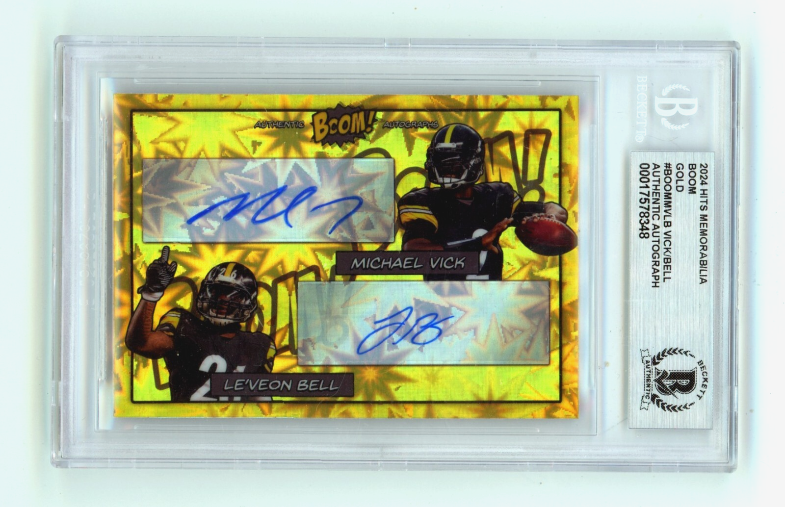 Michael Vick & Le'Veon Bell 2024 Hits Mem BOOM Gold JSY # 2/5 Signed BGS Auto0