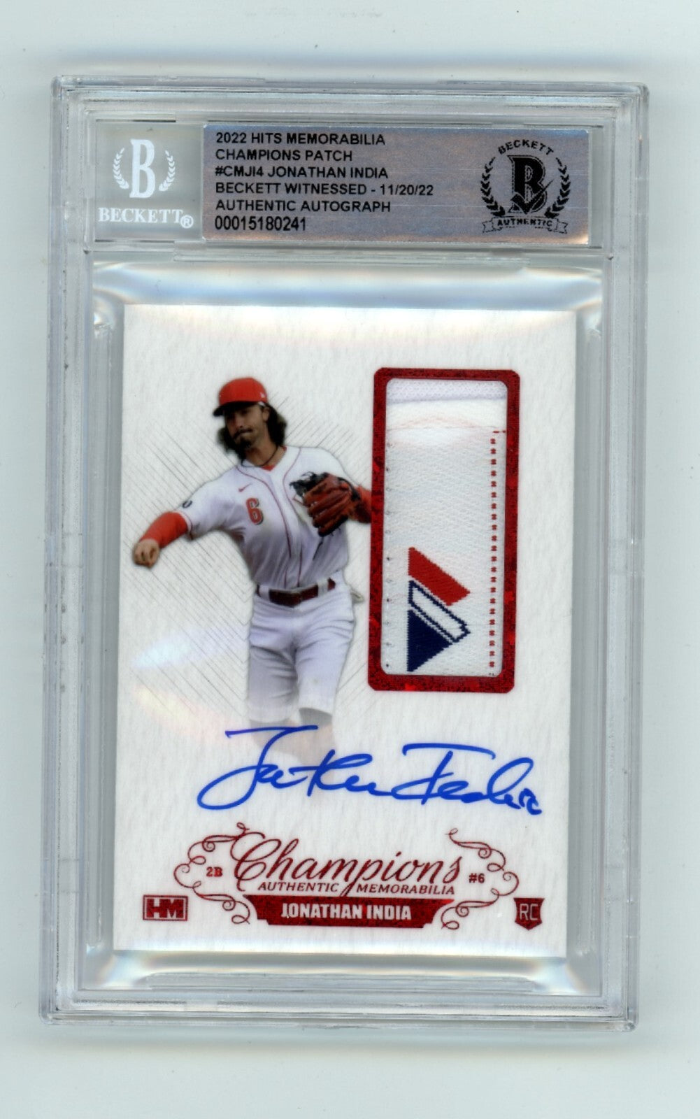 Jonathan India 2021 Hits Memorabilia Champions Red Majestic Tag Patch Auto RC /30