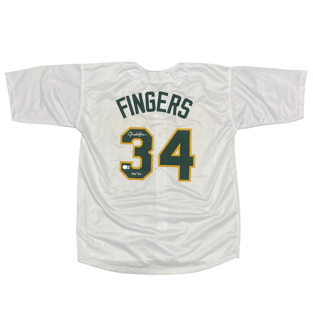 Rollie Fingers Signed Oakland Custom Jersey w/ HOF 92 Beckett Witness BAS COA0