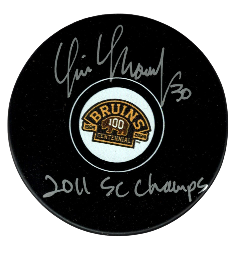 Tim Thomas Signed Auto Bruins 100th Anniversary Puck w 2011 SC Beckett W BAS COA0