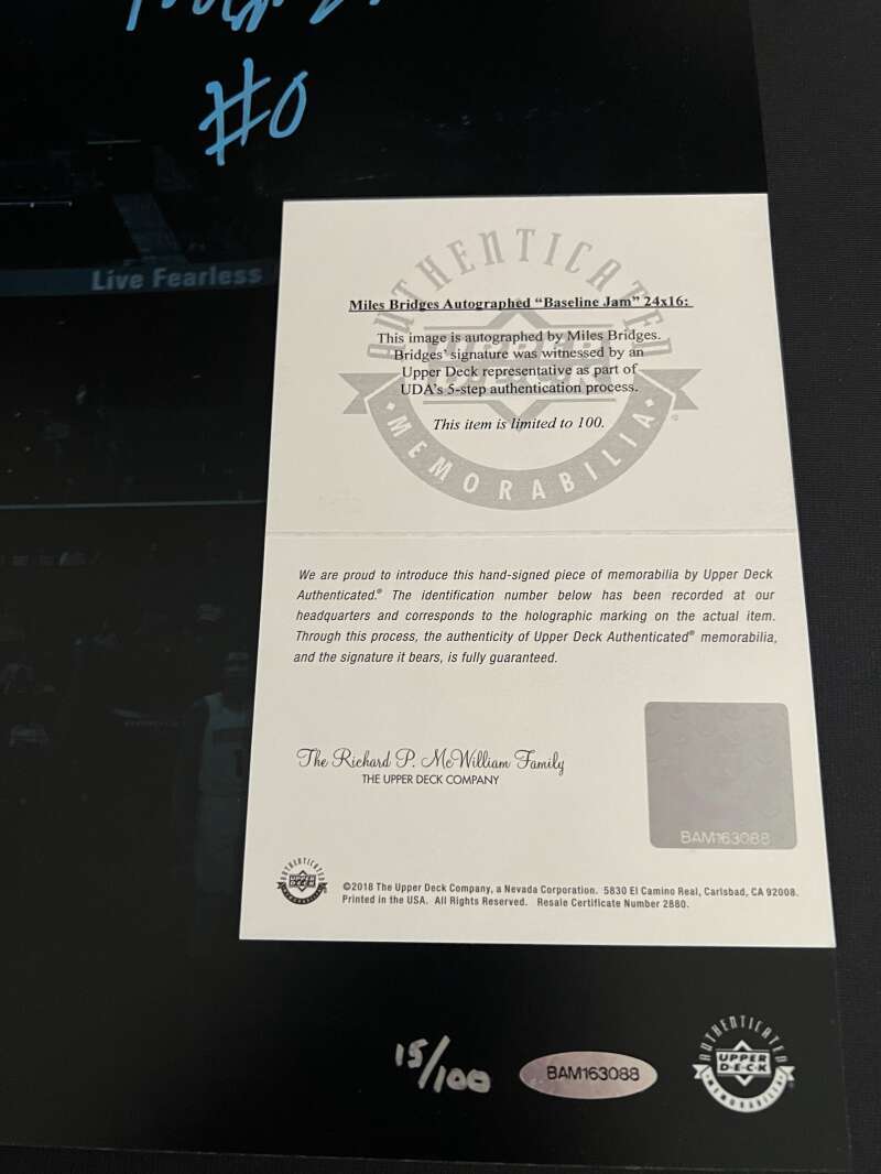 Miles Bridges Signed Auto 24x16 Photo Baseline Jam 15/100 Upper Deck UDA COA2