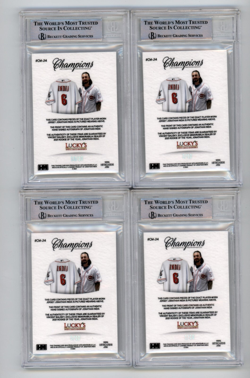 Jonathan India 2021 Hits Memorabilia Champions Silver Patch Auto RC #/10 BGS BAS1