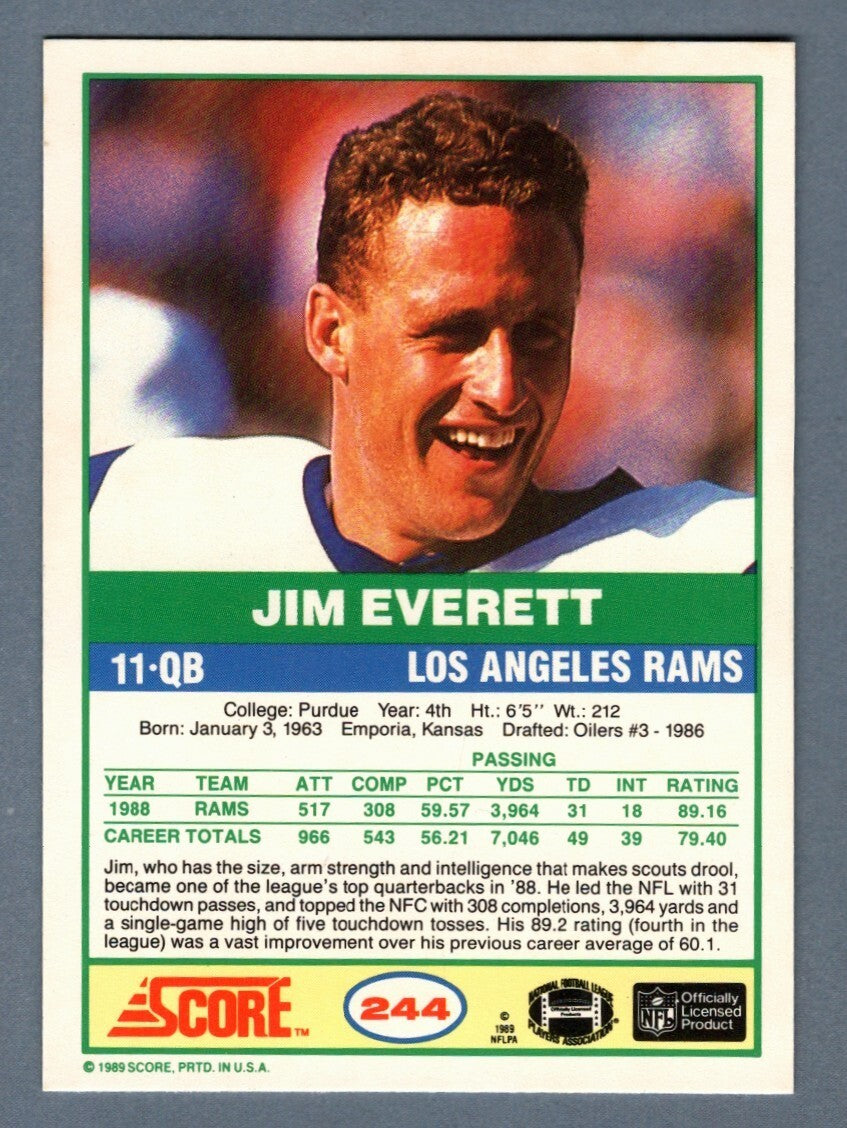 Jim Everett Signed 1989 Score Football #244 w/ 1990 Pro Bowl! LSCM COA LA Rams1