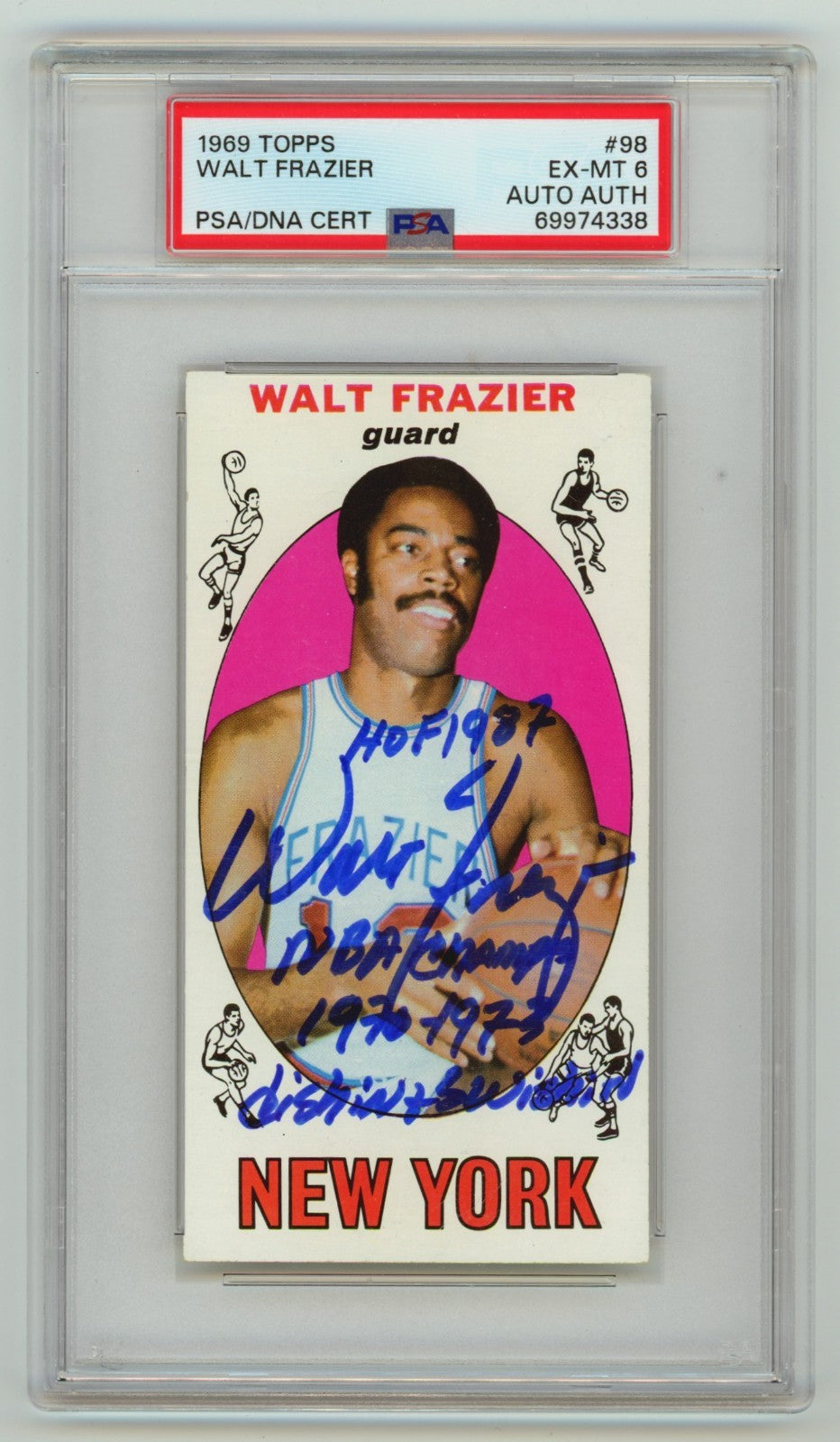 Walt Frazier 1969-70 Topps 98 Tall Boy Rookie RC 3 Insc Signed Auto PSA 6 Knicks0