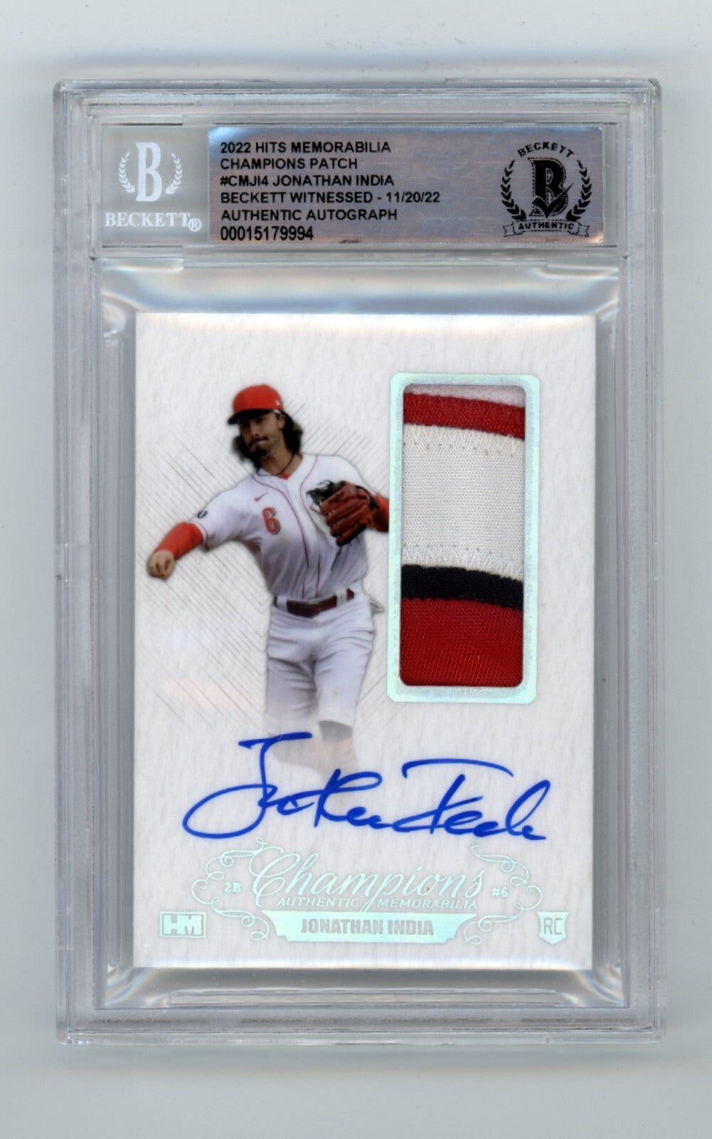 Jonathan India 2021 Hits Memorabilia Champions Silver Patch Auto RC 6/10 BGS BAS0