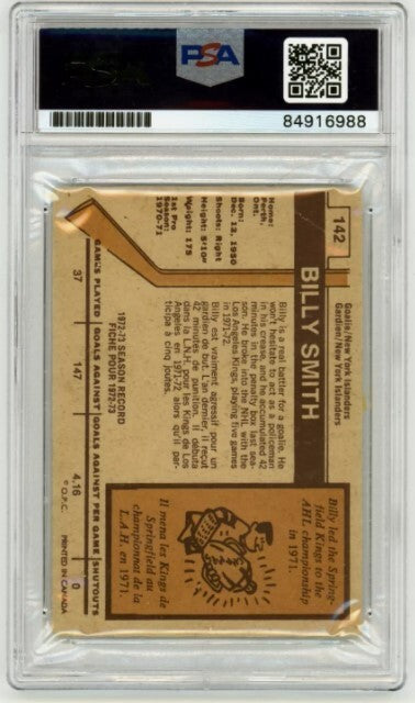 Billy Smith 1973-74 O-Pee-Chee OPC Rookie RC #142 Signed PSA 10 Auto w/ 4 Insc A1