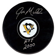 Joe Mullen Signed Autographed Penguins Logo Puck w/ HOF 2000 JSA Witness COA0