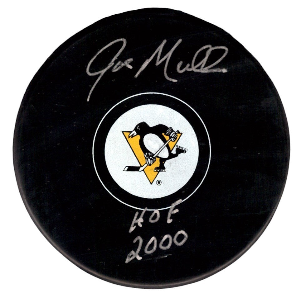Joe Mullen Signed Autographed Penguins Logo Puck w/ HOF 2000 JSA Witness COA0