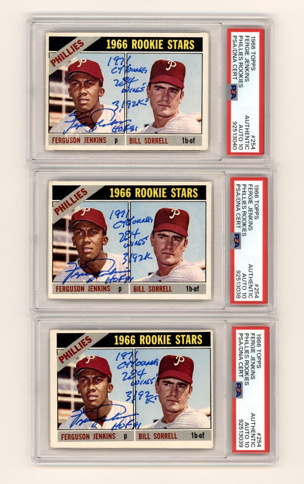 Fergie Jenkins 1966 Topps #254 Rookie RC w/ 4 Insc. Signed PSA 10 Auto HOF1