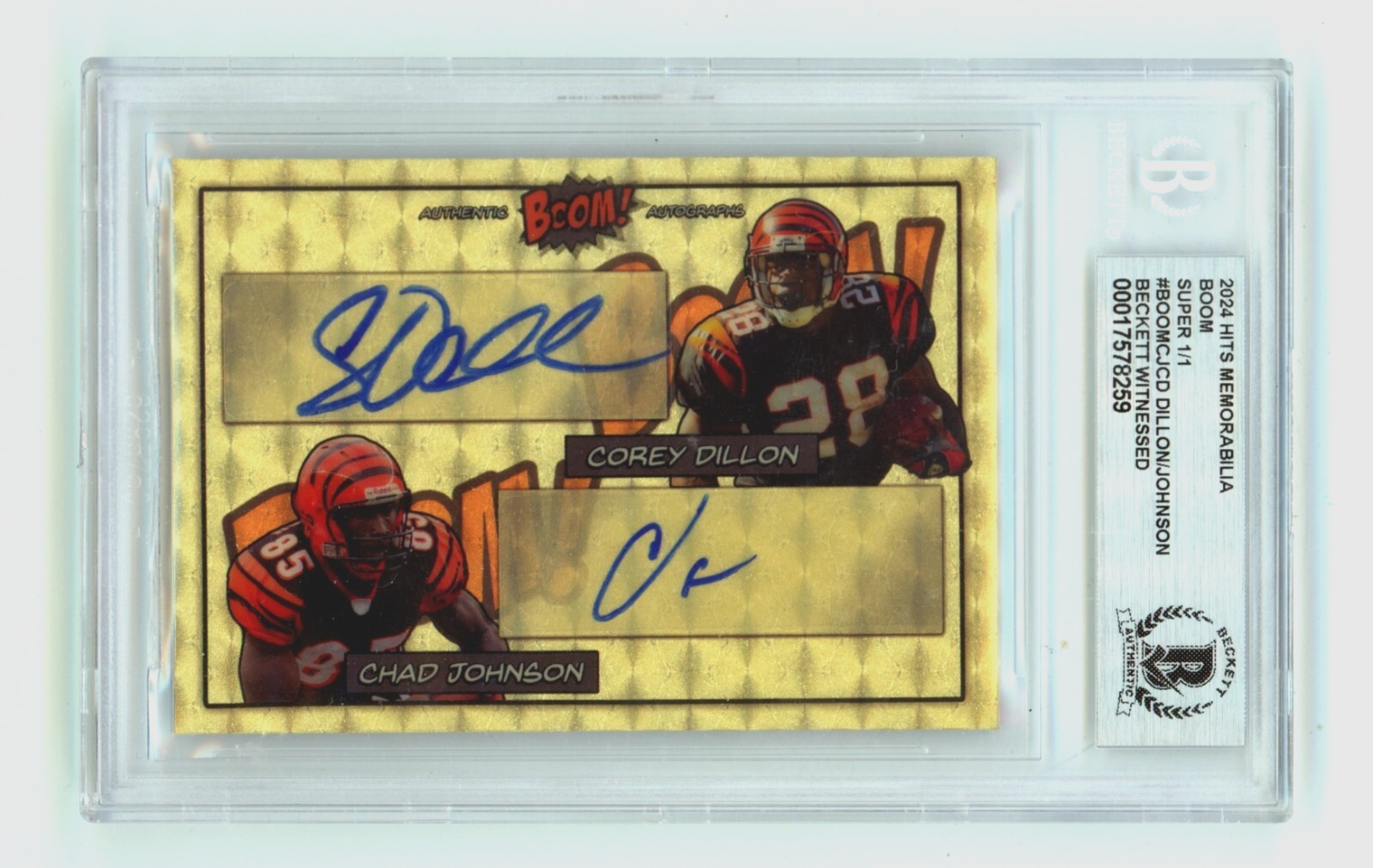 Corey Dillon & Chad Johnson 2024 Hits Memorabilia BOOM Super 1/1 Signed BGS Auto0