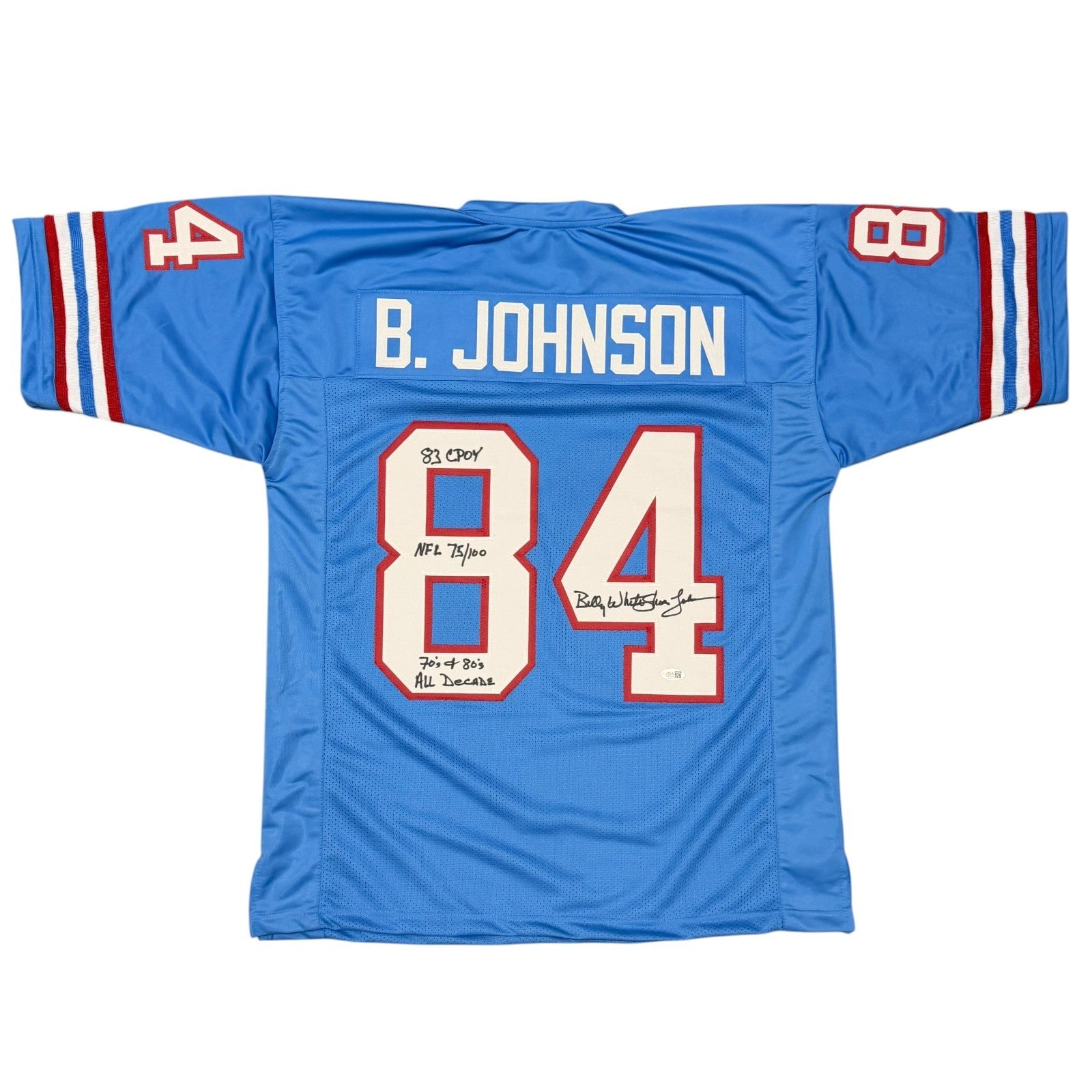 Billy White Shoes Johnson Signed Oilers Custom Jersey w/ 3 Insc JSA Witness COA0