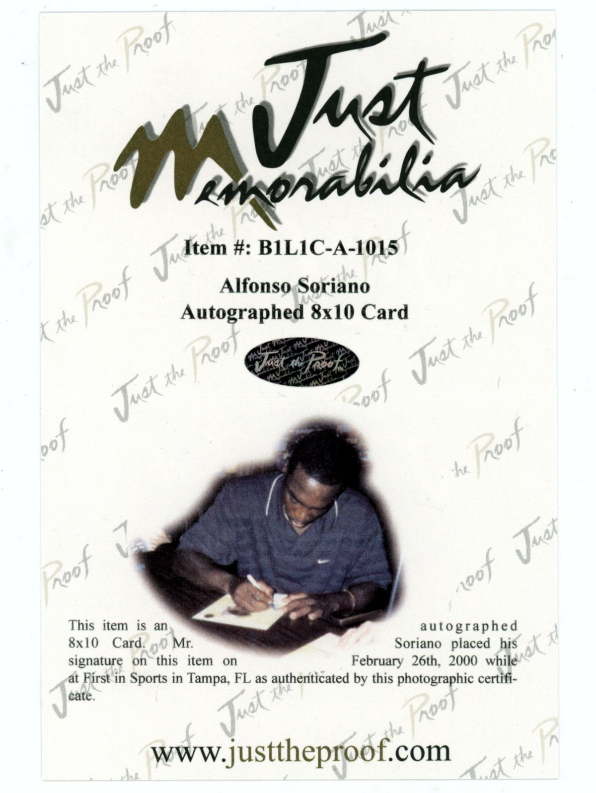 Alfonso Soriano Signed Autographed 1999 Just Debuts 8x10 Just Memorabilia COA2