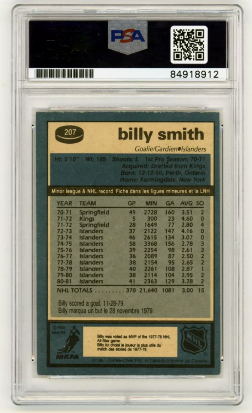 Billy Smith 1981-82 O-Pee-Chee OPC #207 Signed PSA Authentic Auto Islanders HOF1