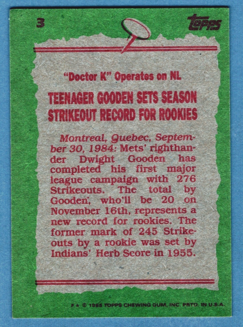 Dwight Doc Gooden Signed 1985 Topps Record Breaker #3 LSCM COA New York Mets1