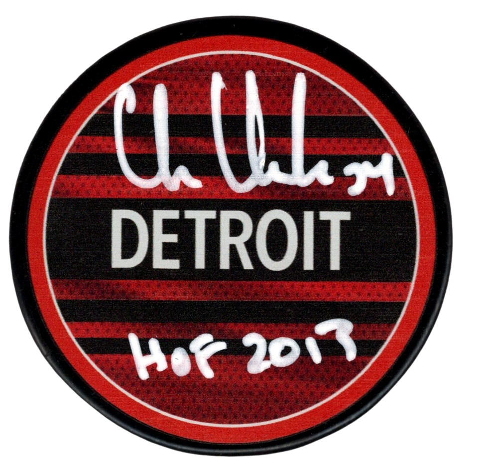 Chris Chelios Signed Auto Red Wings Reverse Retro Puck HOF 2013 Beckett BAS COA0