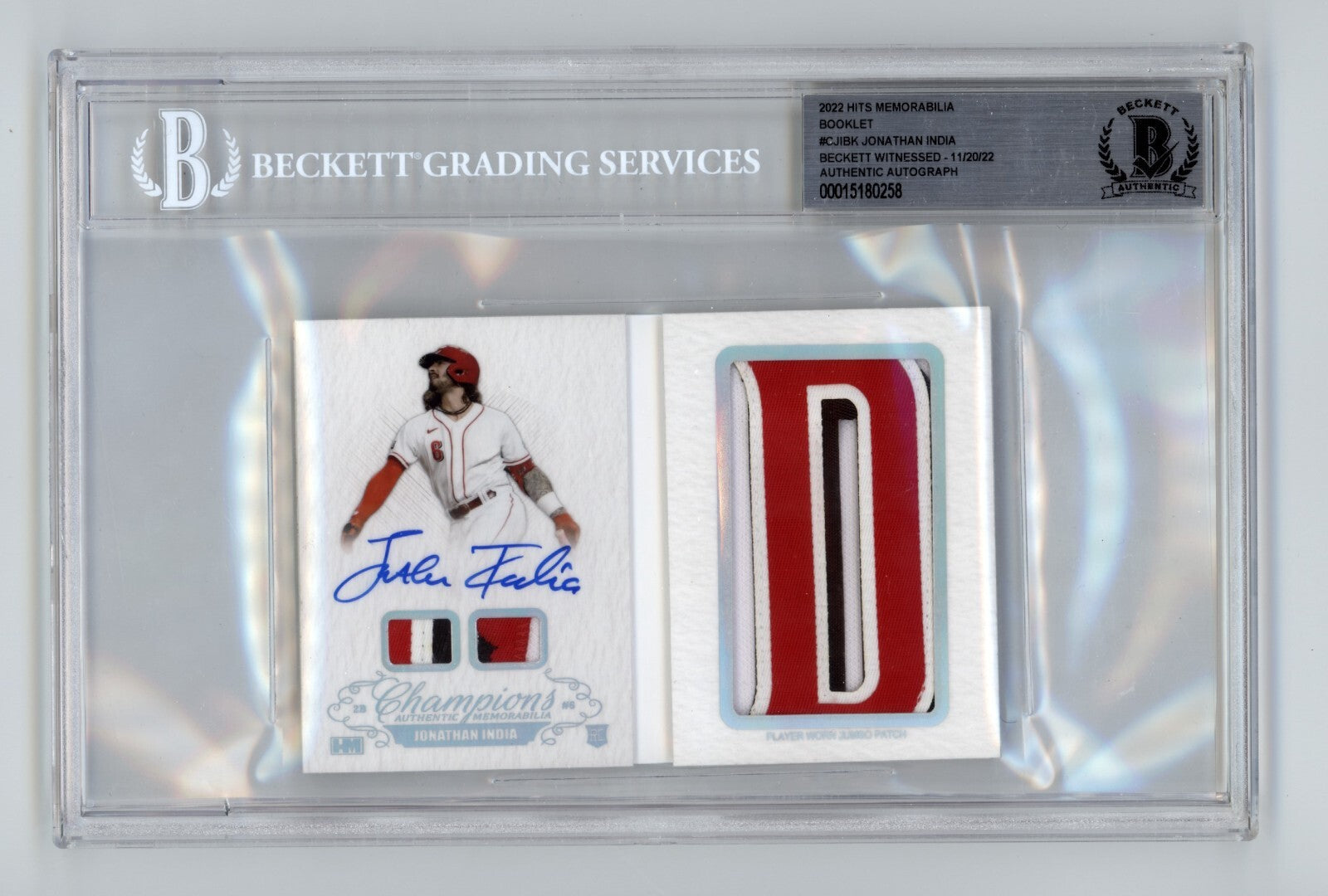 Jonathan India 2021 Hits Memorabilia Champions Letter Patch Auto Booklet #/6 BGS4