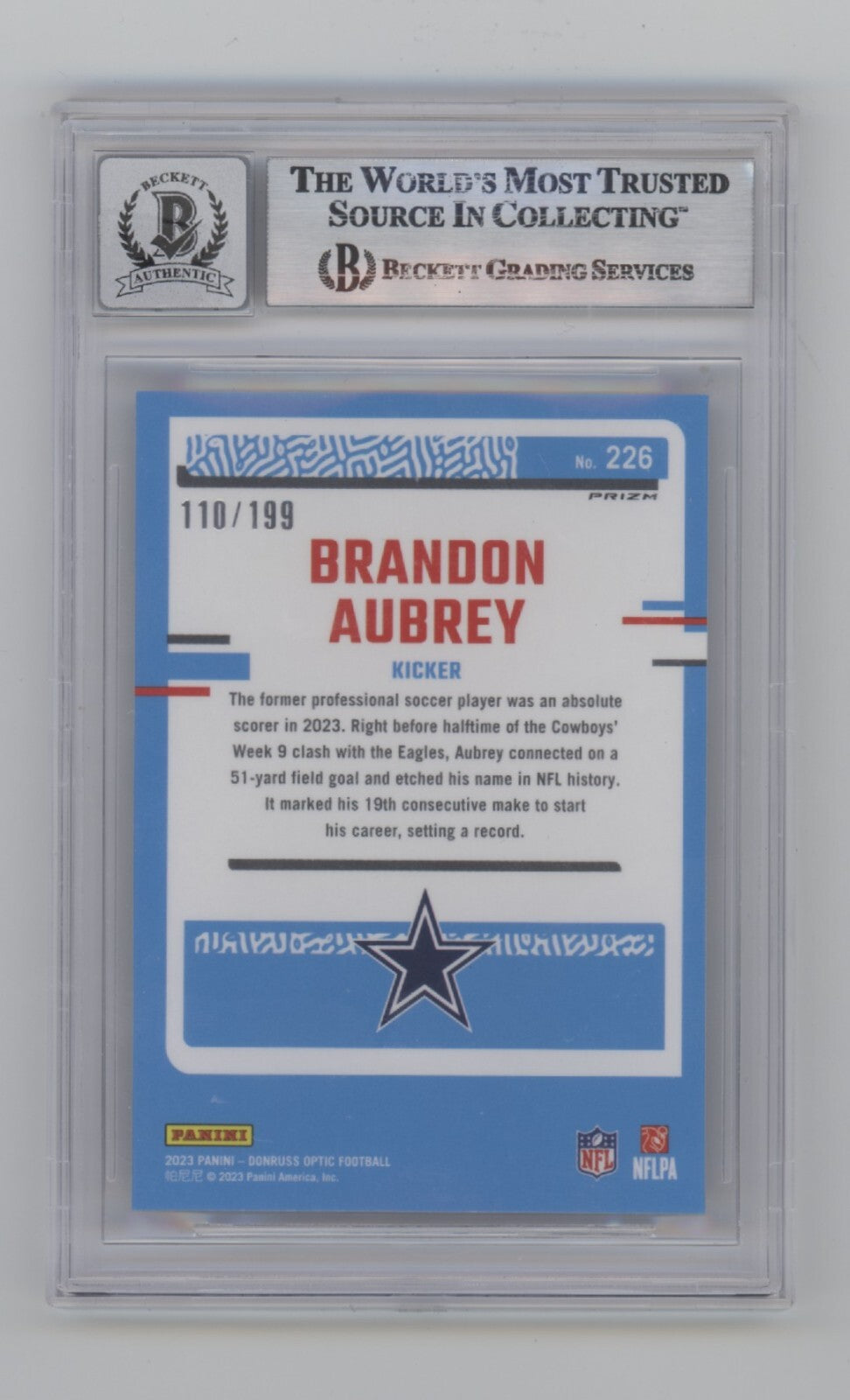 Brandon Aubrey 2023 Donruss Optic Blue 226 RC #/199 Signed w/ Butter BGS 10 Auto1