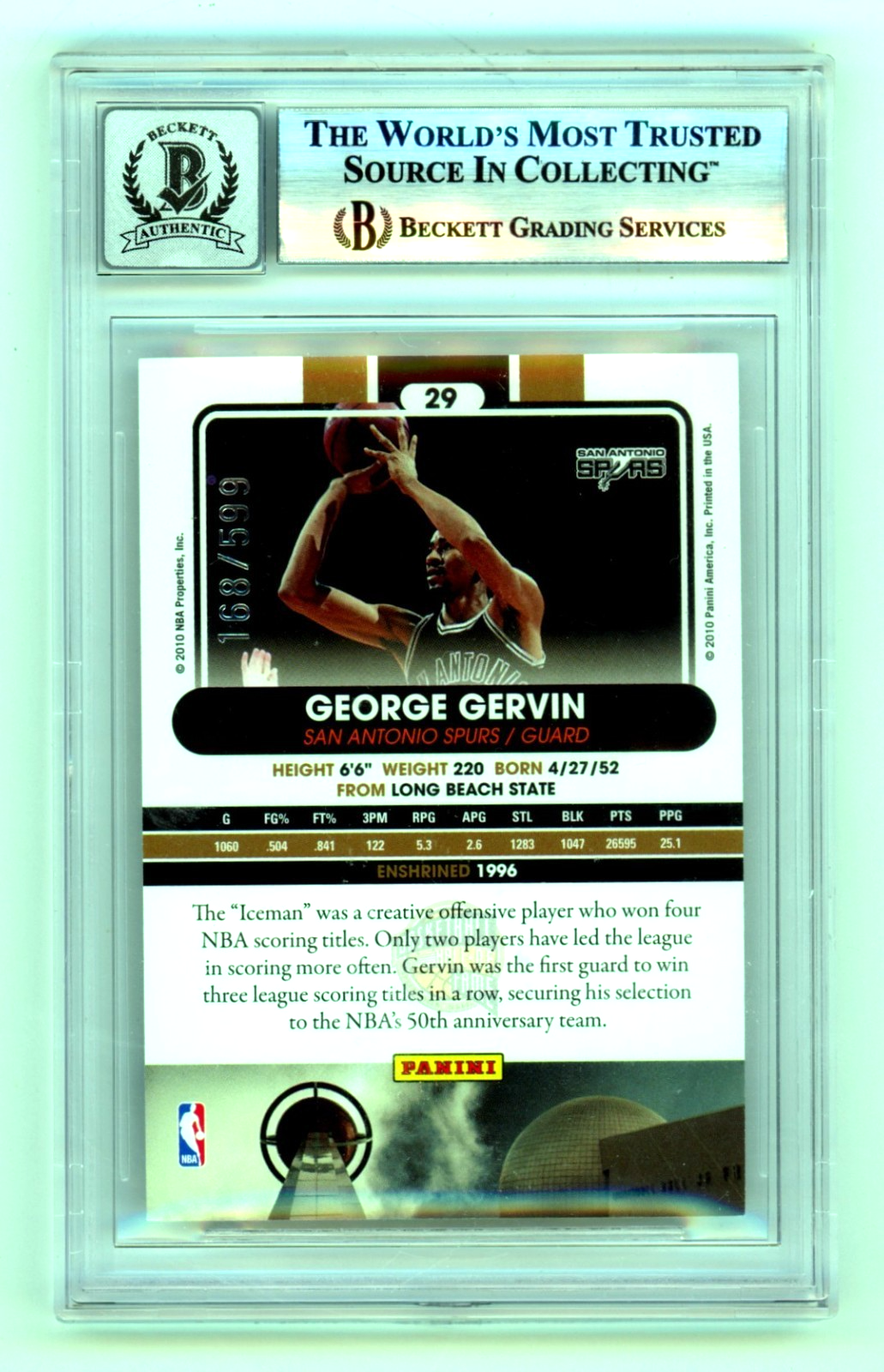 George Gervin 2009-10 Hall of Famer 29 Signed #/599 Beckett BGS 10 Auto Spurs1