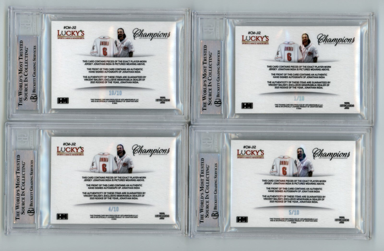 Jonathan India 2021 Hits Memorabilia Champions Patch Dual Auto RC #/10 BGS BAS1