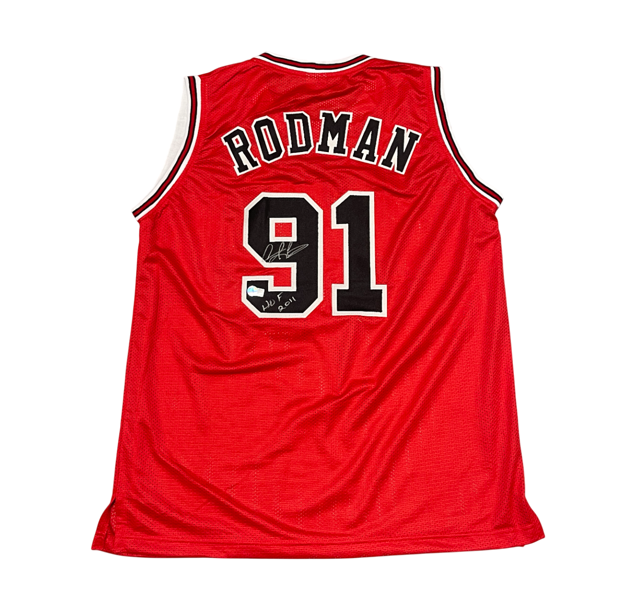Dennis Rodman Signed Bulls Custom Red Jersey w/ HOF 11 Beckett Wit BAS COA0