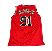 Dennis Rodman Signed Bulls Custom Red Jersey w/ HOF 11 Beckett Wit BAS COA0