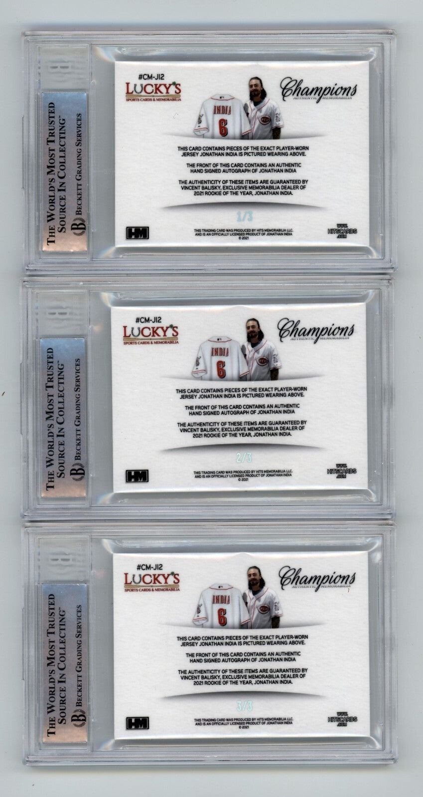 Jonathan India 2021 Hits Memorabilia Champions Ice Patch Dual Auto RC /3 BGS BAS1