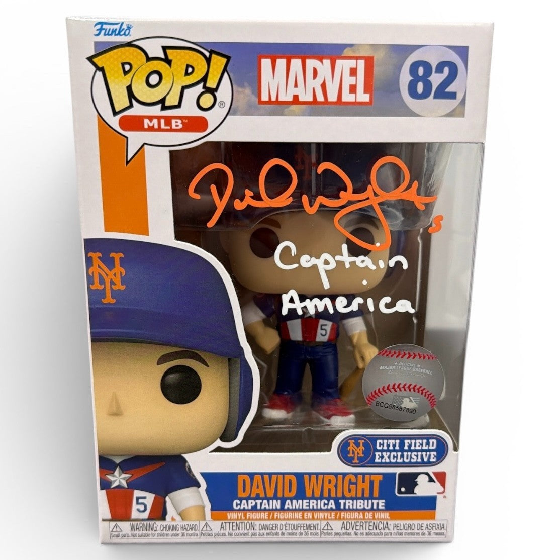 David Wright Signed Citi Field SGA Funko Pop #82 w/ Captain America Insc JSA COA0