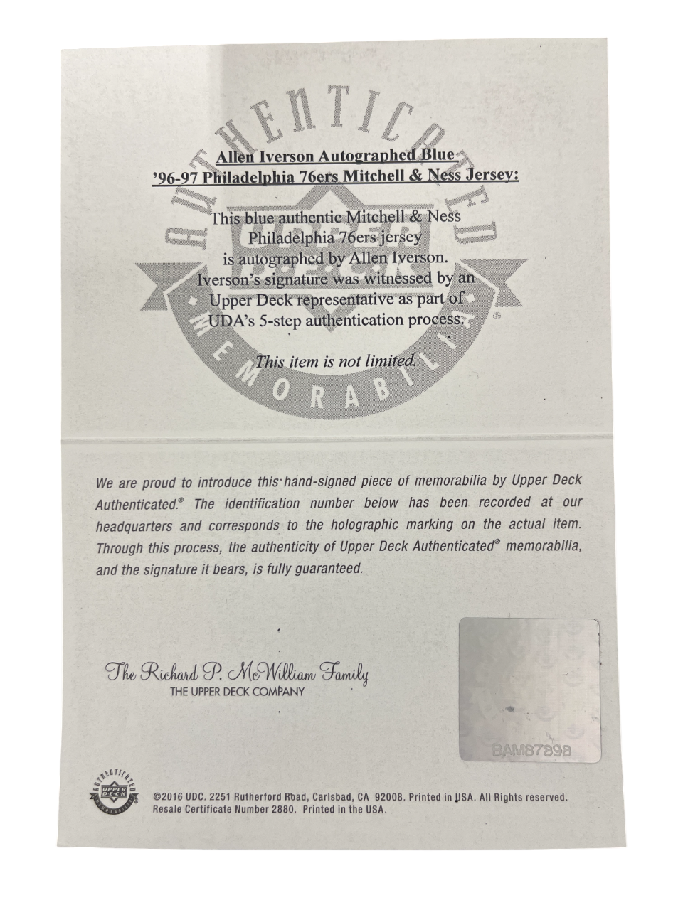 Allen Iverson Signed Philadelphia 76ers 96-97 Mitchell & Ness M&N Jersey UDA COA3