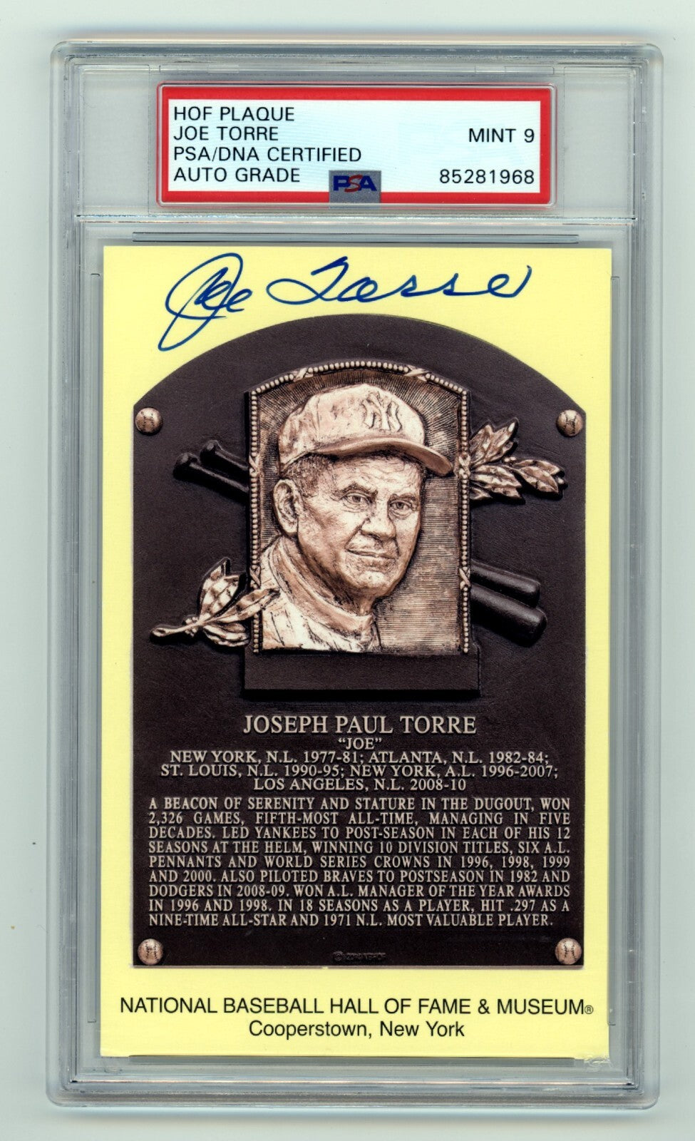 Joe Torre Signed Yellow HOF Plaque Post Card w/ Induction Day Stamp PSA 9 Auto0