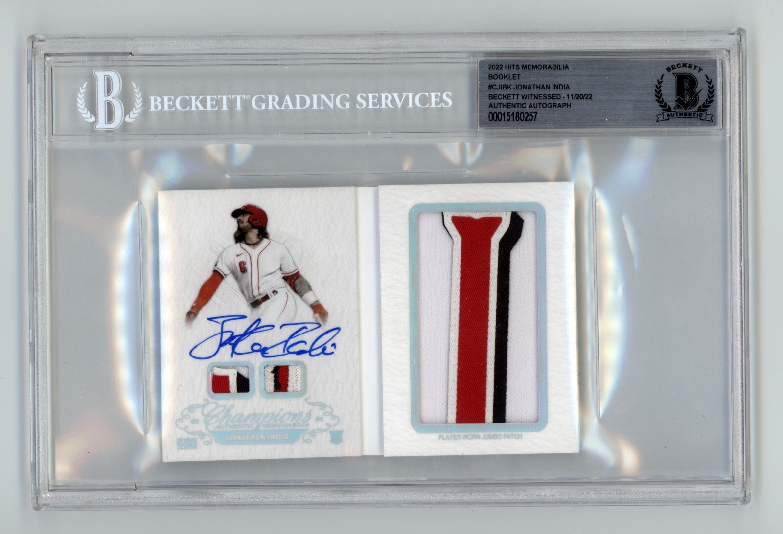 Jonathan India 2021 Hits Memorabilia Champions Letter Patch Auto Booklet #/6 BGS0