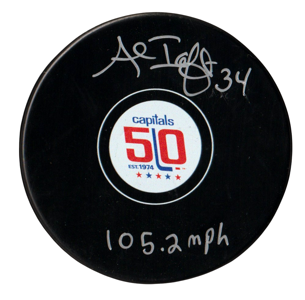 Al Iafrate Signed Capitals 50th Anniversary Puck w 105.2 MPH Beckett Wit BAS COA0
