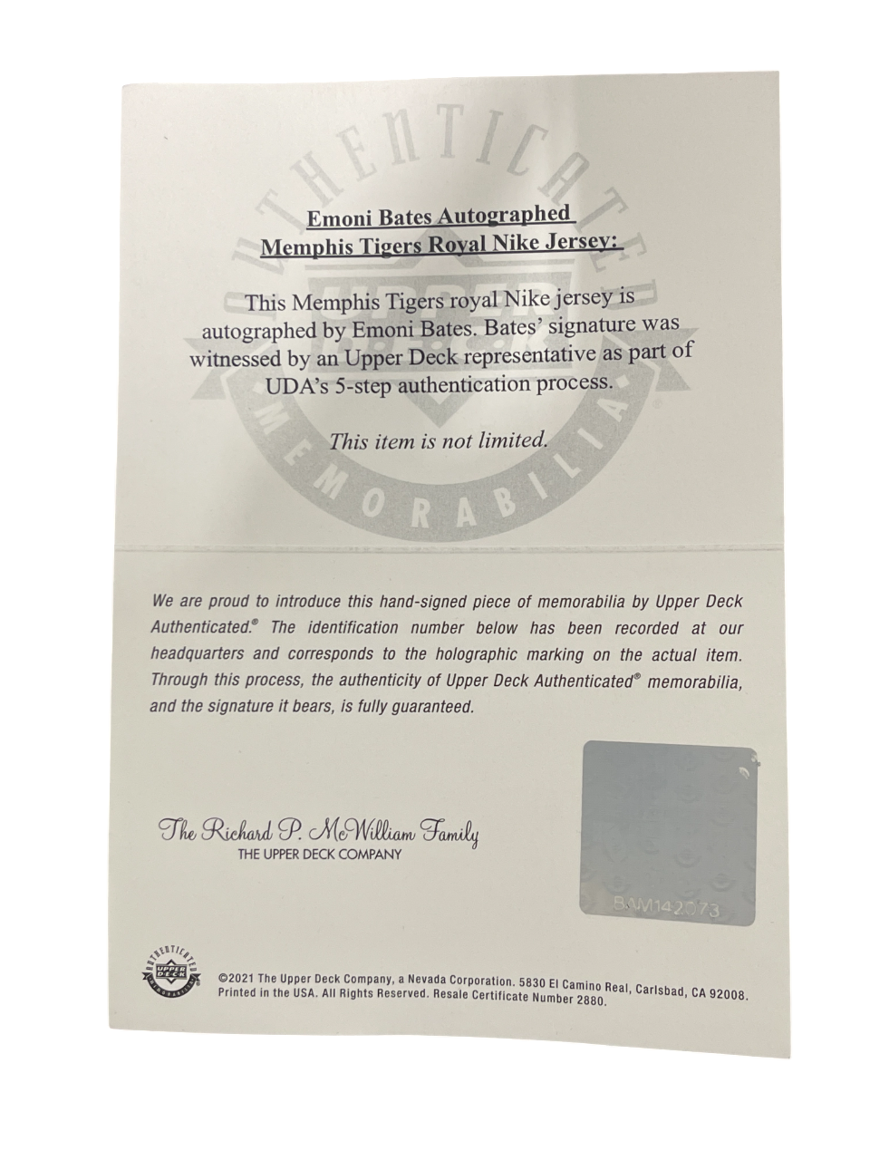 Emoni Bates Signed Autographed Memphis Tigers Nike Jersey Upper Deck UDA COA3