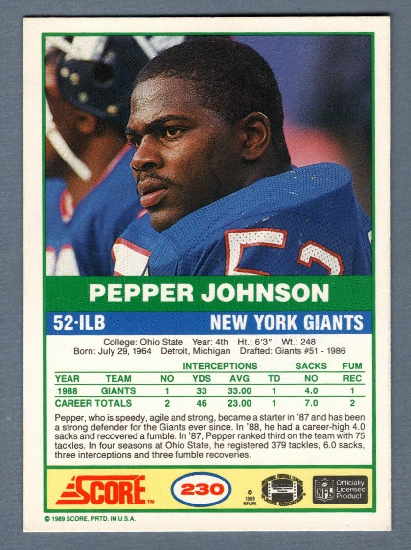 Pepper Johnson Signed Autographed 1989 Score Football #230 LSCM COA NY Giants1