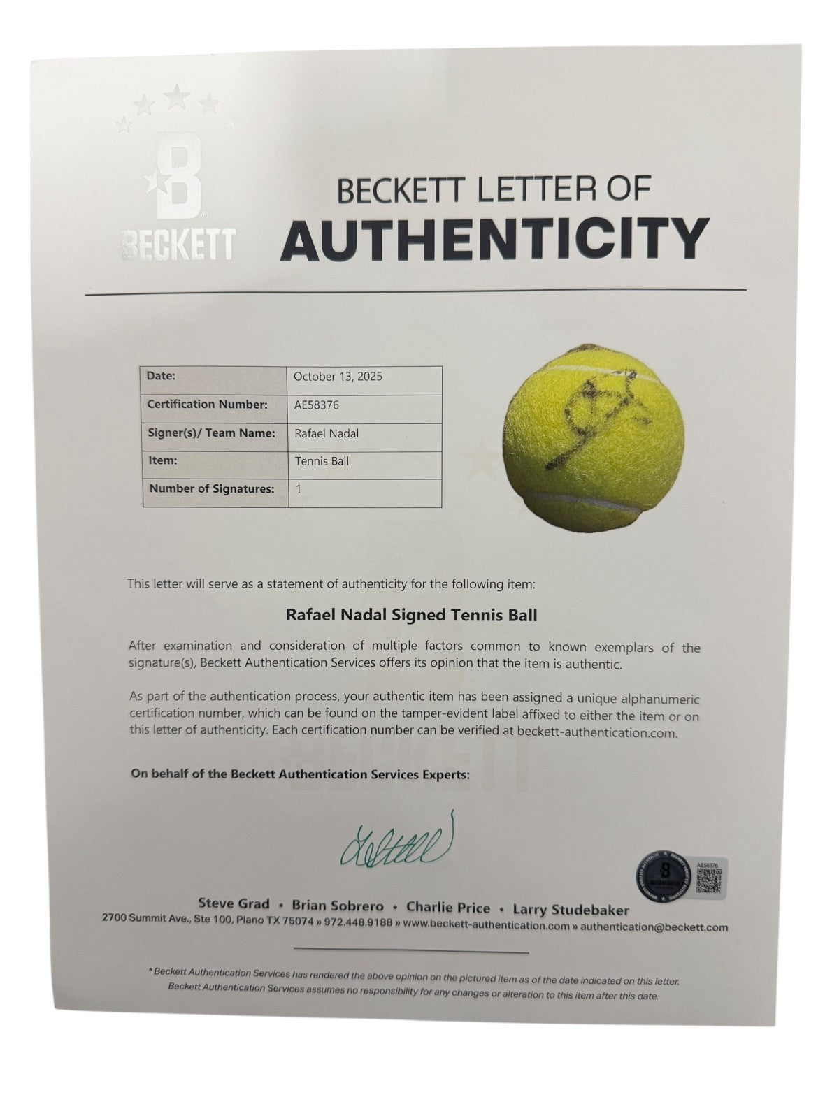 Rafael Nadal Signed Autographed PENN Tennis Ball Beckett BAS COA B2