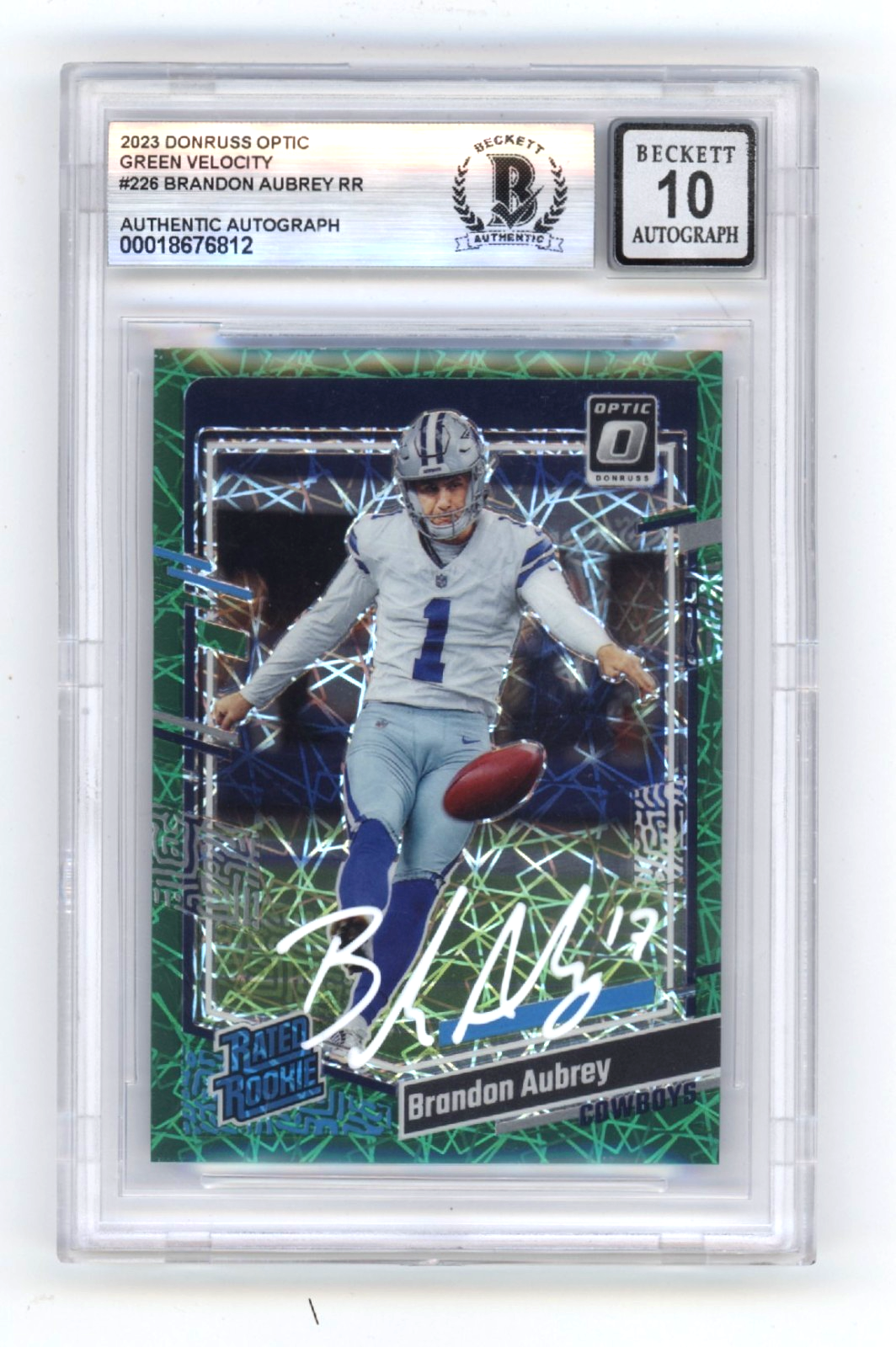 Brandon Aubrey 2023 Donruss Optic Green Velocity Prizm RR RC Signed BGS 10 Auto0