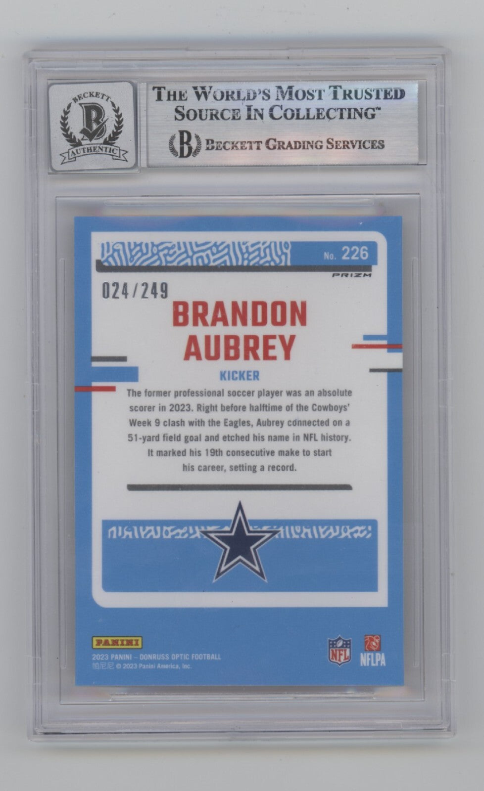 Brandon Aubrey 2023 Donruss Optic Orange RC /249 Signed Insc Beckett BGS 10 Auto1