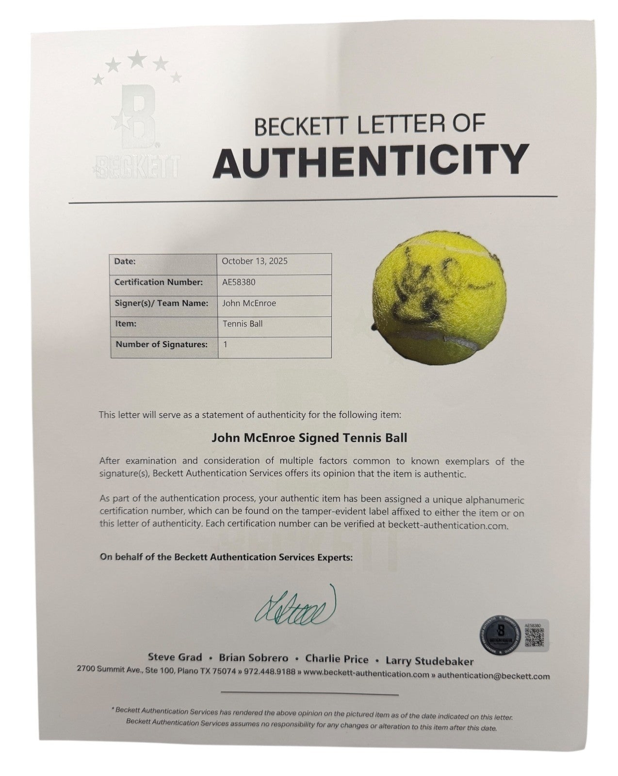 John McEnroe Signed Autographed PENN Tennis Ball Beckett BAS COA2