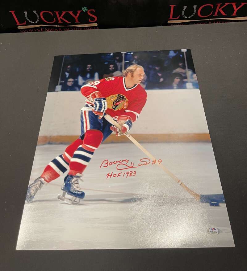 Bobby Hull Signed Autographed 16x20 Photo w/ HOF 1983 Blackhawks PSA COA0