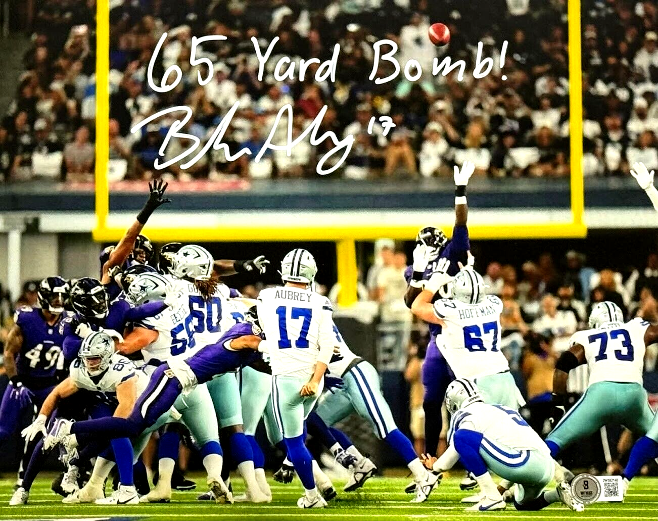 Brandon Aubrey Signed Cowboys 11x14 Photo w/ 65 Yard Bomb Beckett Wit BAS COA0