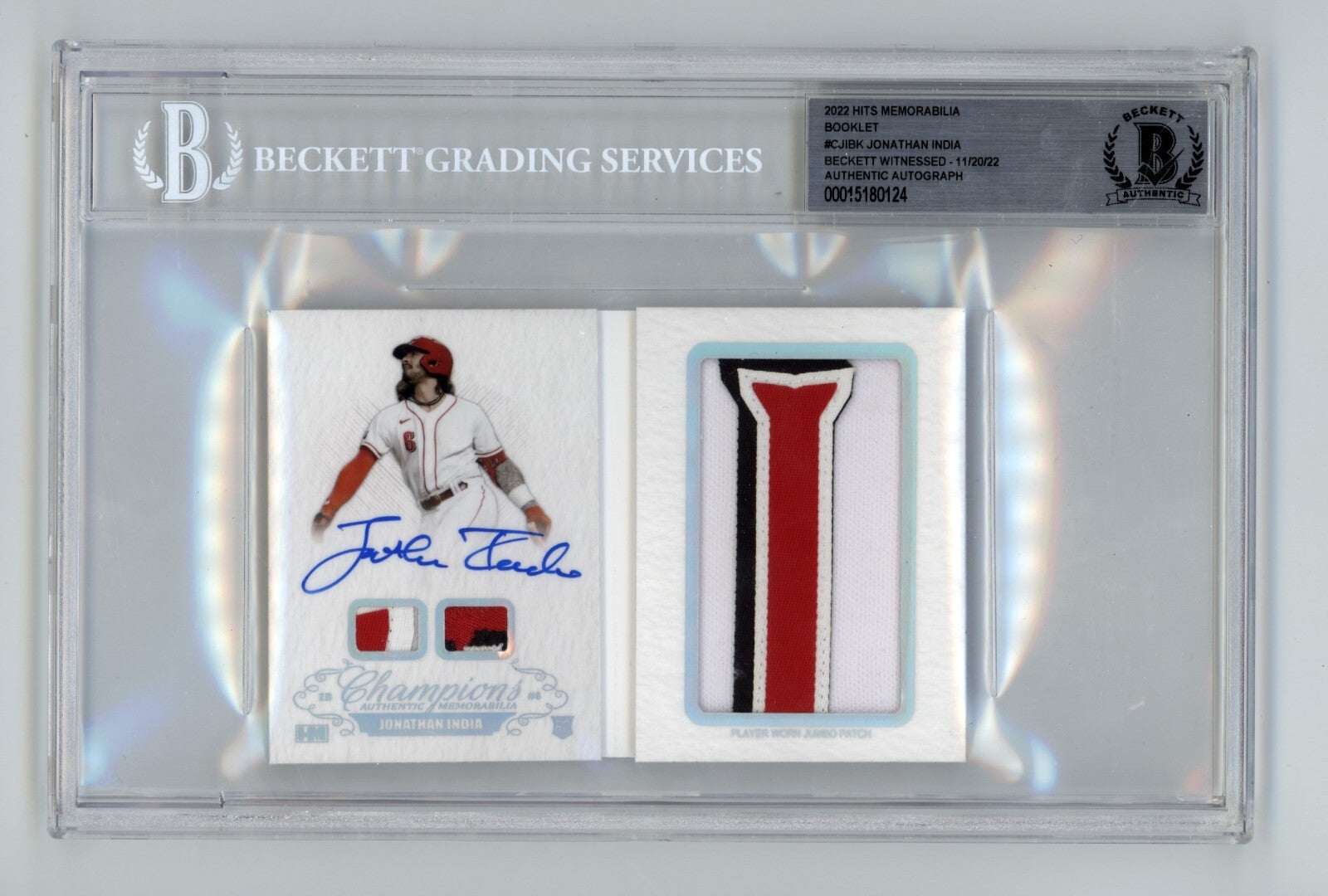 Jonathan India 2021 Hits Memorabilia Champions Letter Patch Auto Booklet #/6 BGS6