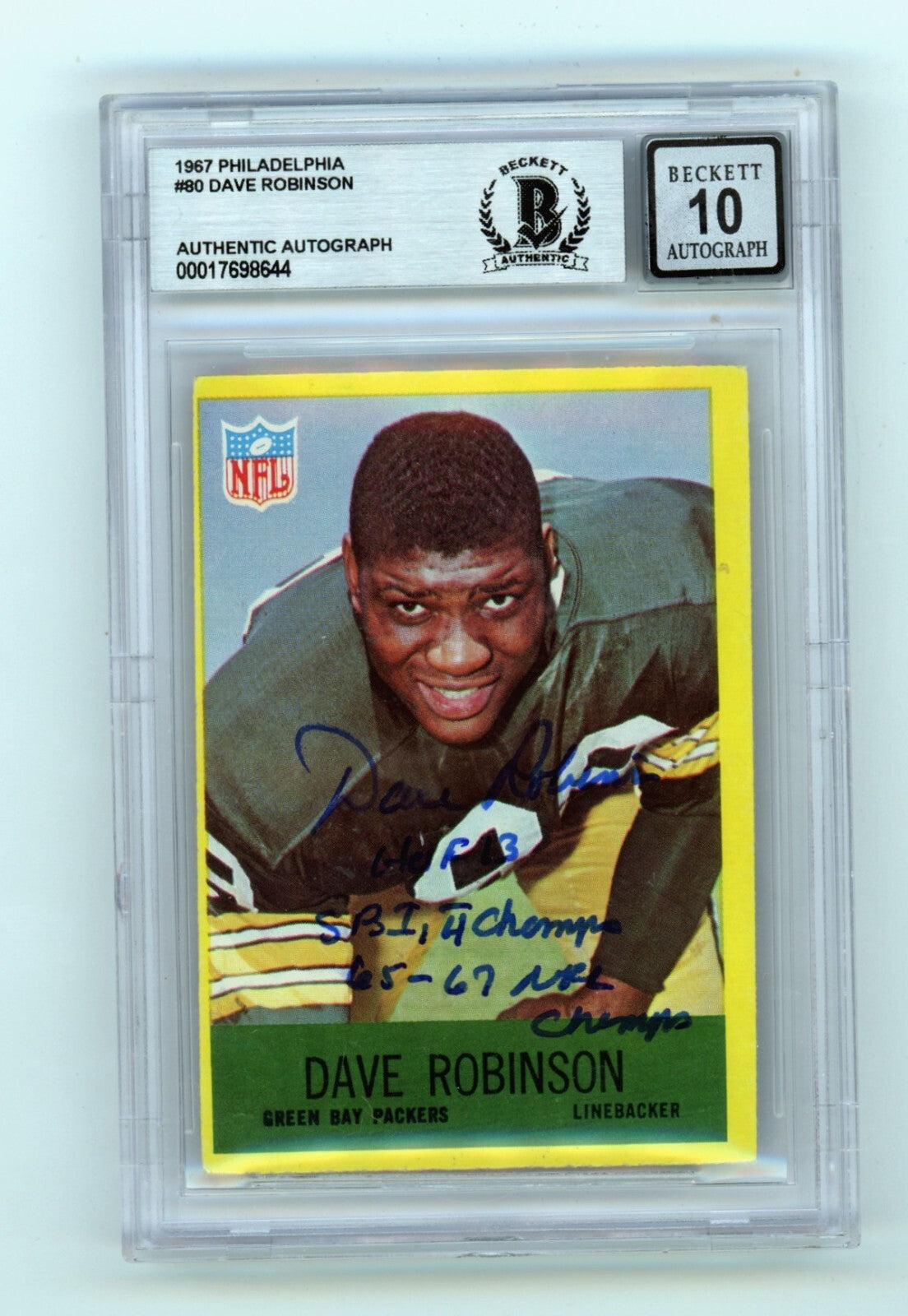 Dave Robinson 1967 Philadelphia #80 Signed Rookie RC w 3 Insc HOF BGS 10 Auto B0