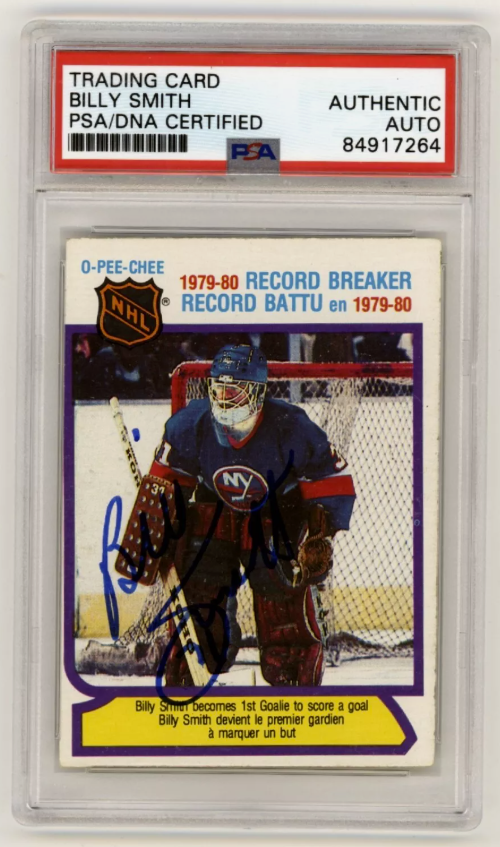 Billy Smith 1980-81 O-Pee-Chee OPC #5 Record Breaker Signed PSA Auth Auto Blue0