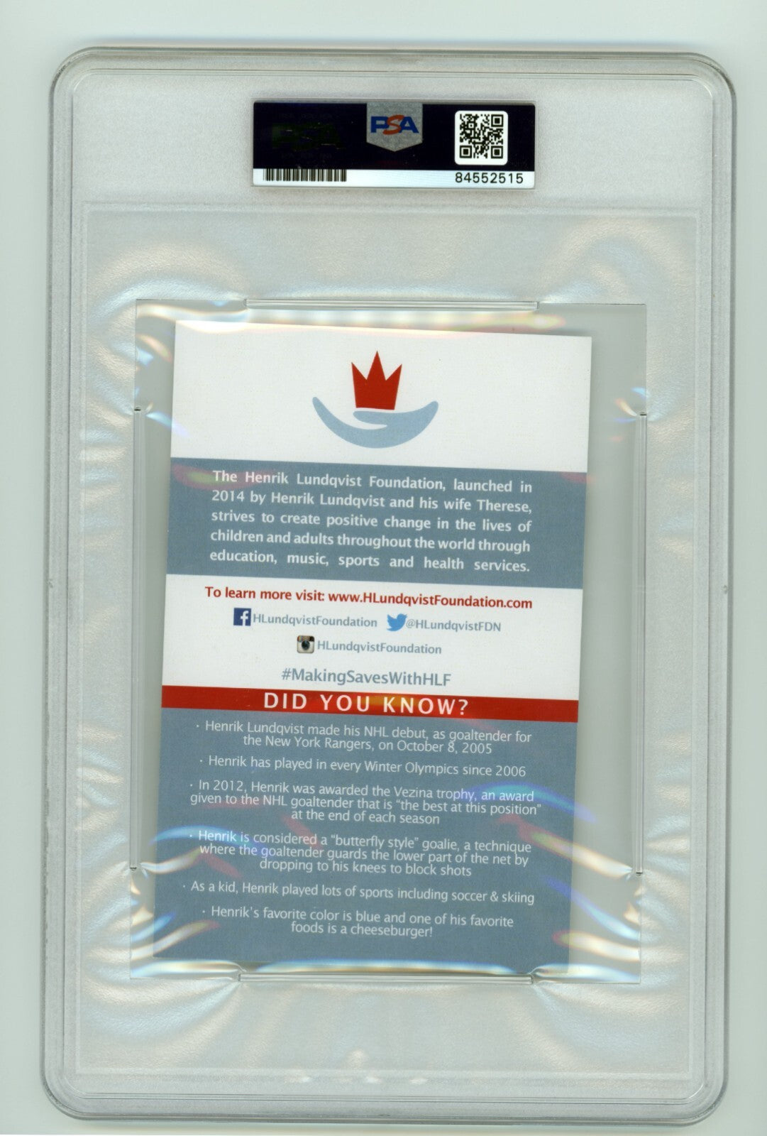 Henrik Lundqvist Signed Foundation Print PSA DNA Authentic Auto NY Rangers B1