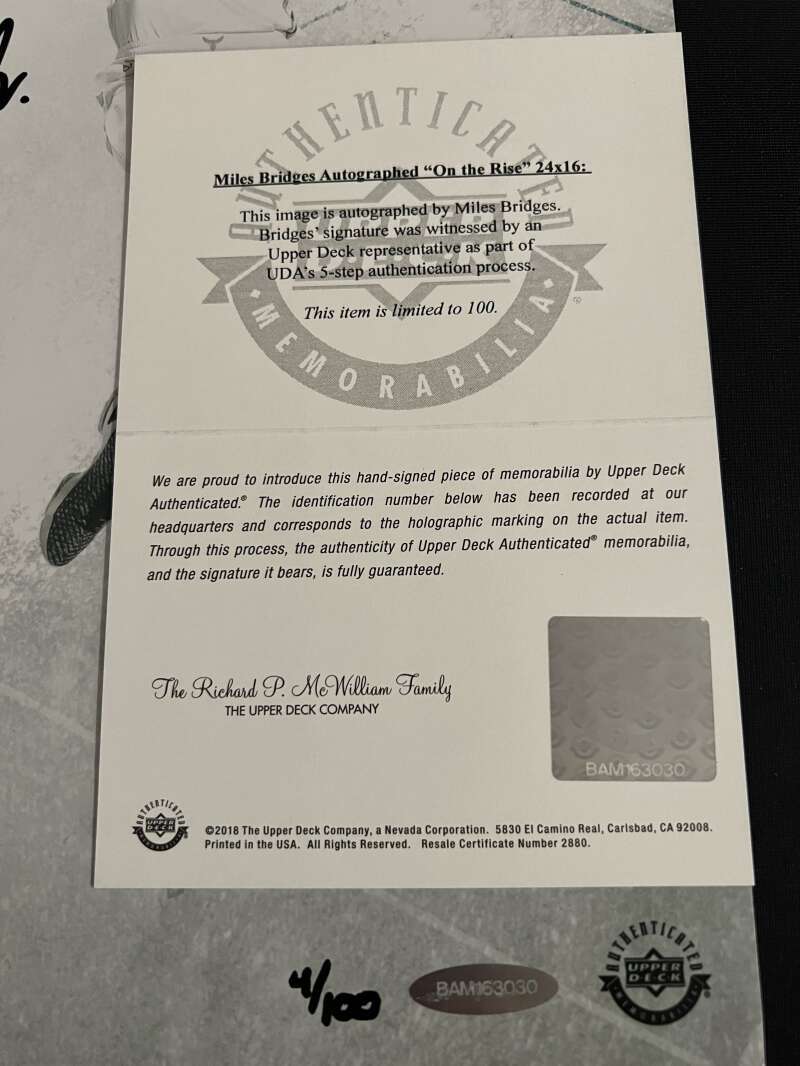 Miles Bridges Signed Auto 24x16 Photo On The Rise LE /100 Upper Deck UDA COA2