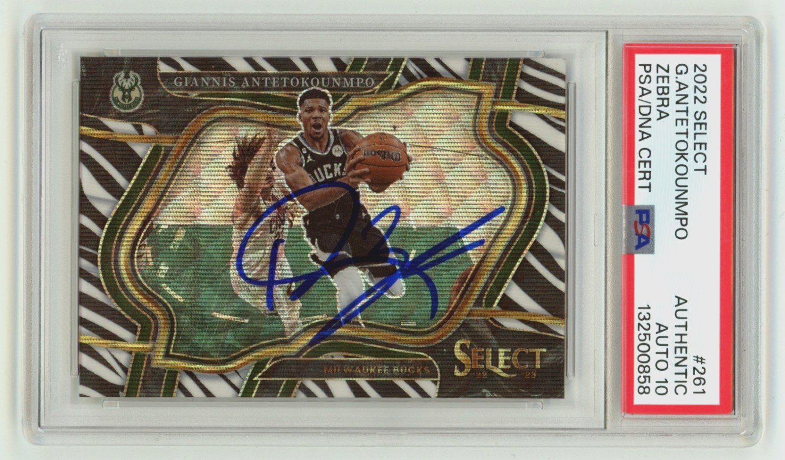 Giannis Antetokounmpo 2022-2023 Panini Select Zebra Prizm Signed PSA 10 Auto0