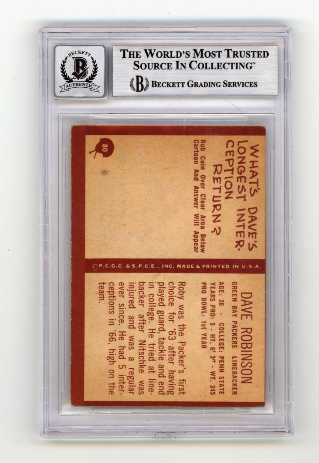 Dave Robinson 1967 Philadelphia #80 Signed Rookie RC w 3 Insc HOF BGS 10 Auto A1