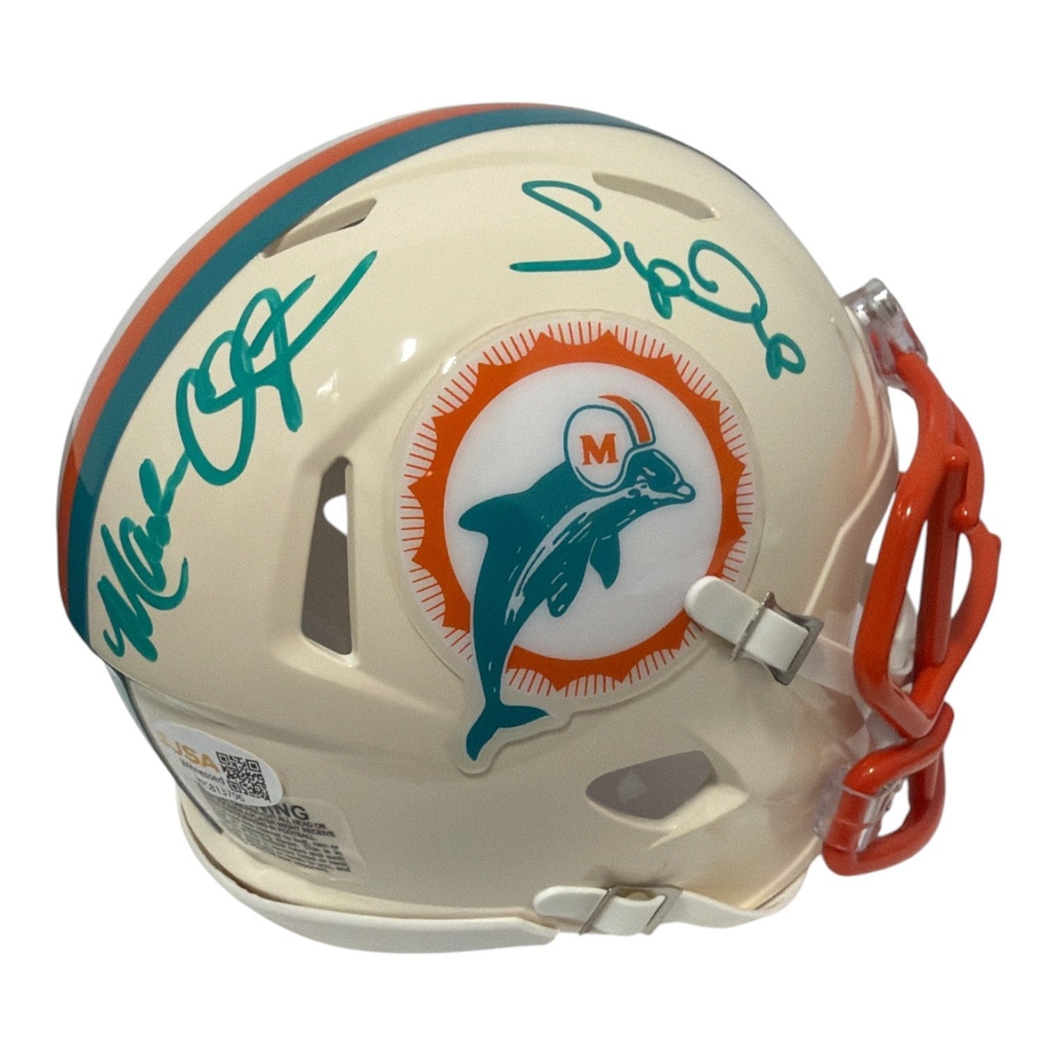 Mark Clayton & Mark Duper Dual Signed Dolphins Retro Mini Helmet JSA Witness COA0