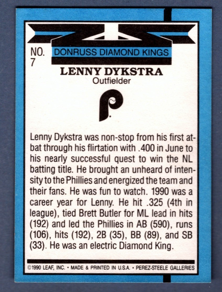 Lenny Dykstra Signed 1990 Donruss #7 Diamond Kings LSCM COA Phillies1